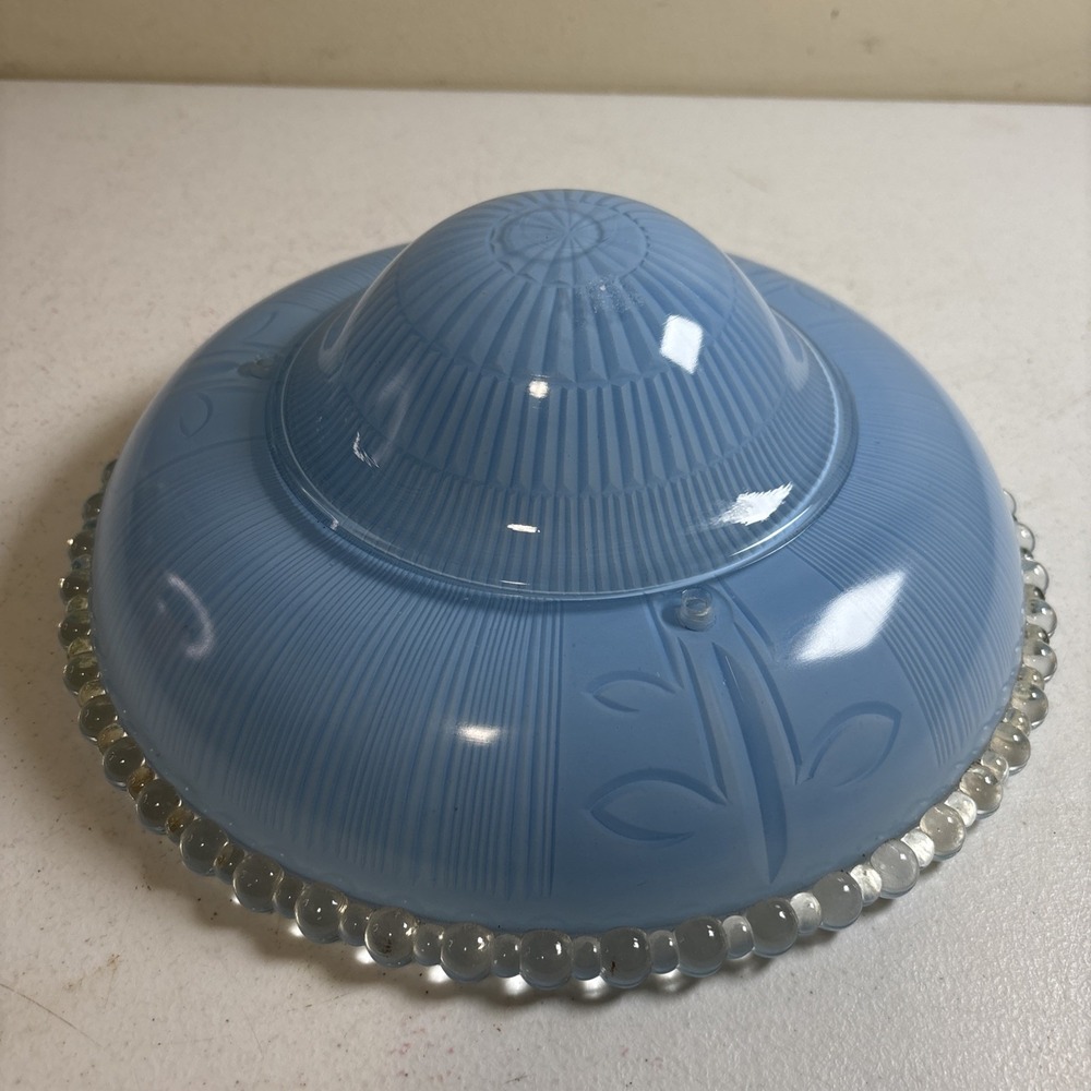 Vintage Blue 3 Chain Hanging Glass Ceiling Light Shade Clear Beaded Edge 11"x 4"